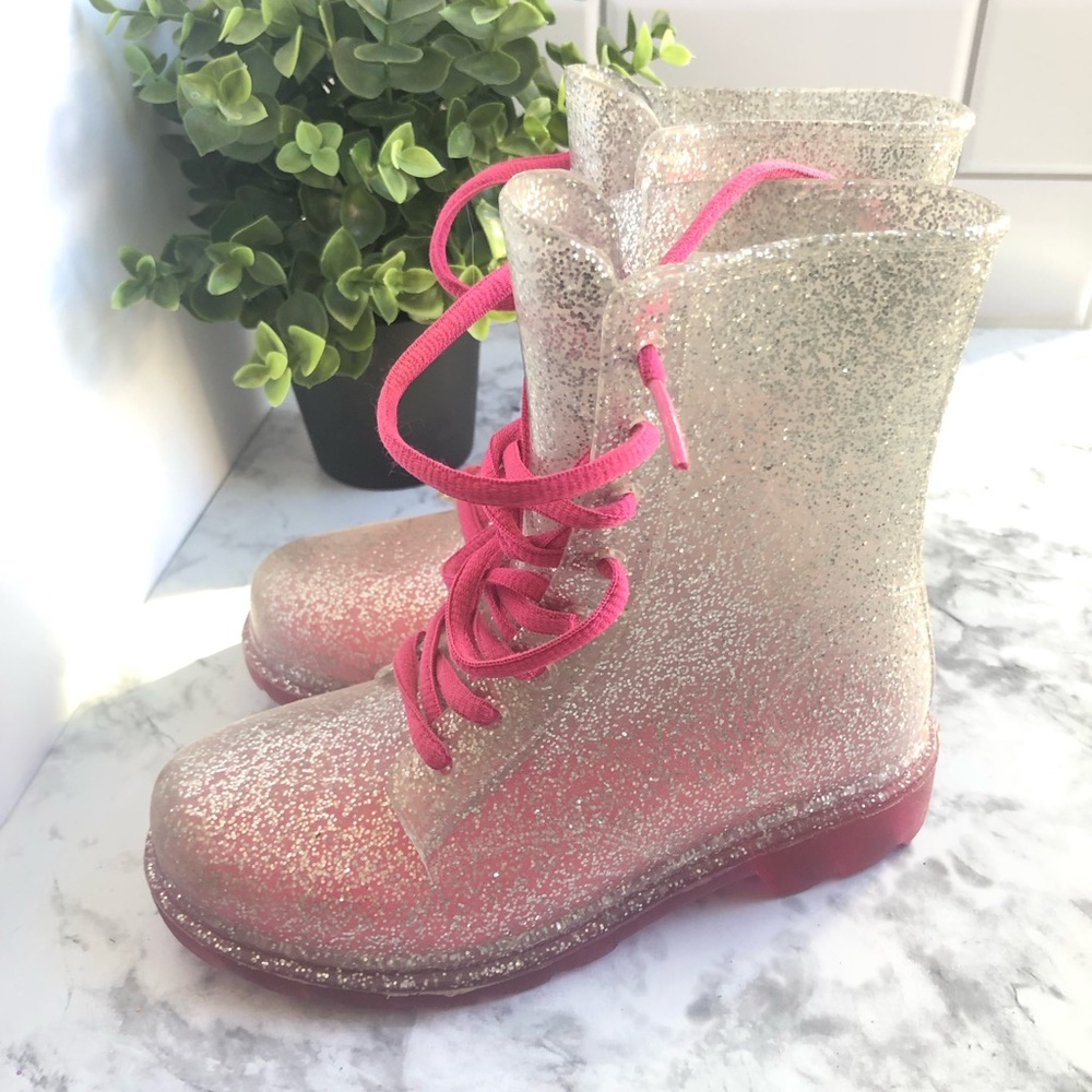 Girls 11/12 Sintetico rain boots silver sparkle with pink sole